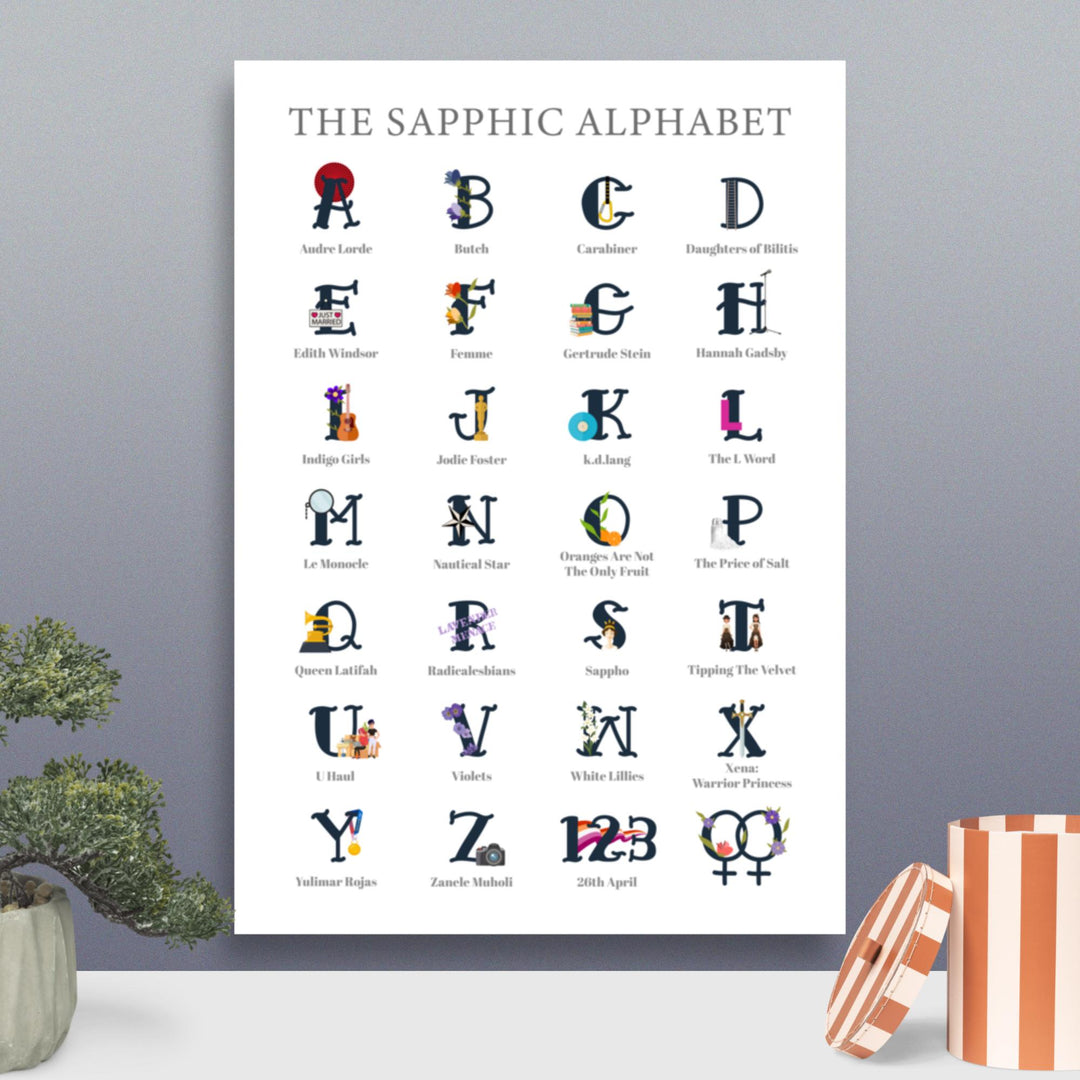 An art print against a blue grey wall, there is a plant bottom left on a white table, and a striped orange and cream pot with a lid on the right of the table. At the top of the print it says The Sapphic Alphabet in a grey serif font. Below that are seven rows of four hand drawn letters. Each has a small drawing around it that illustrates it, with an explanation below it, so A is Audre Lorde, B is Butch, C is carabiner etc. Print by The Rainbow Stores