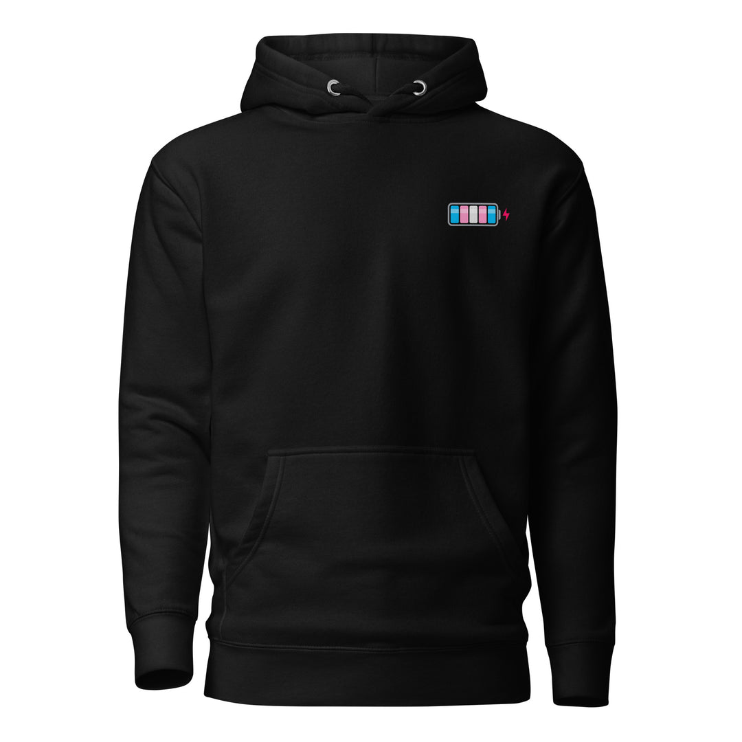 A black hoodie with the hood down, on a white background, with a battery symbol on the right chest as you look at it, with the charging progress sections in the colours of the Trans Pride Flag. By The Rainbow Stores
