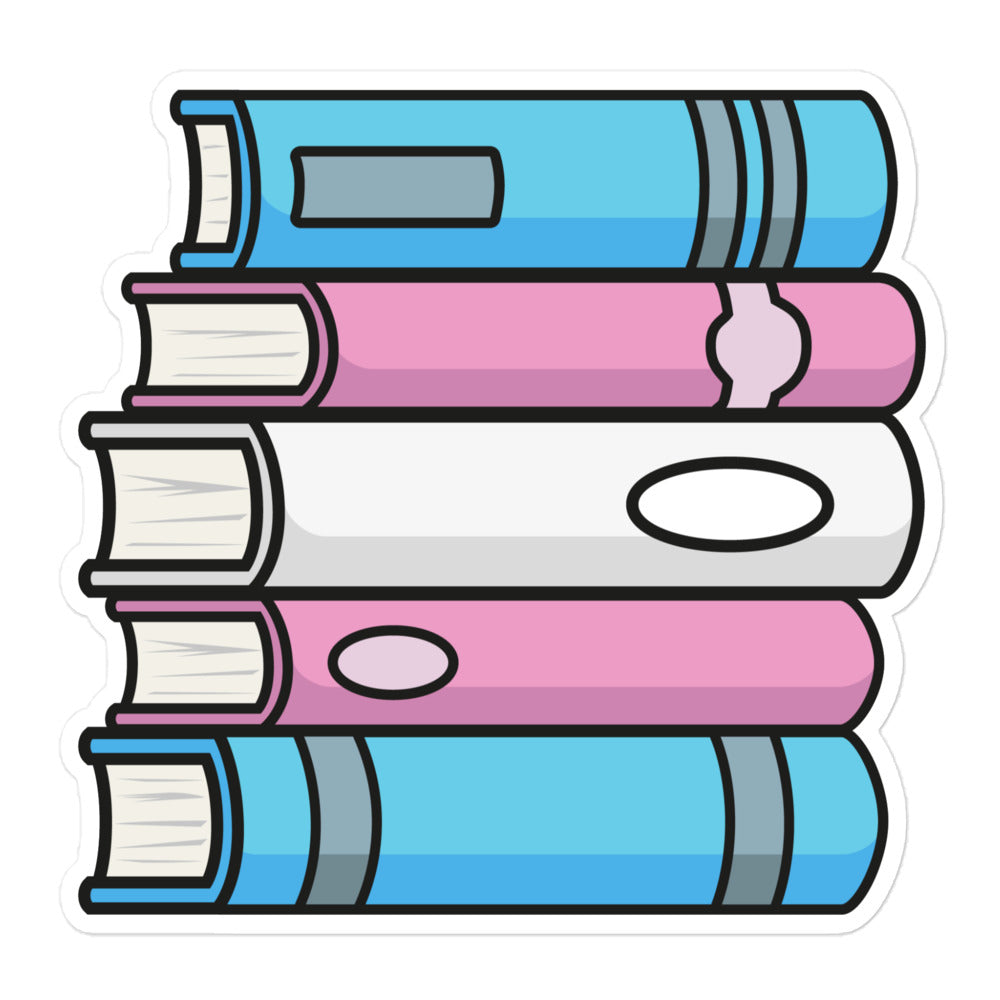A sticker featuring an illustration of a stack of books in the colours of the Trans Pride Flag, with a white border