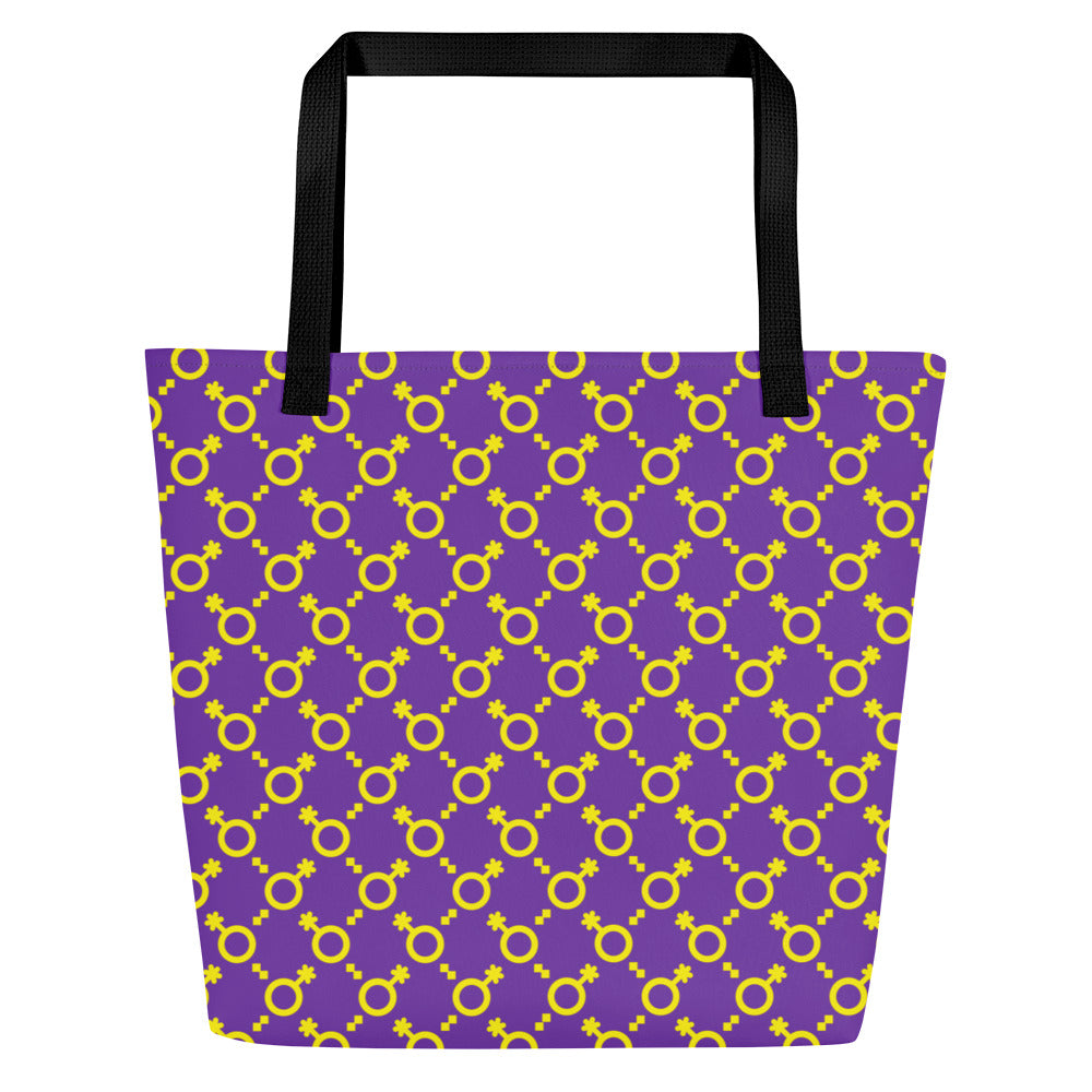 Yellow and Purple Non-Binary Symbol Pattern Large Tote Bag Bags The Rainbow Stores