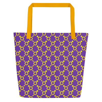 Yellow and Purple Non-Binary Symbol Pattern Large Tote Bag Bags The Rainbow Stores