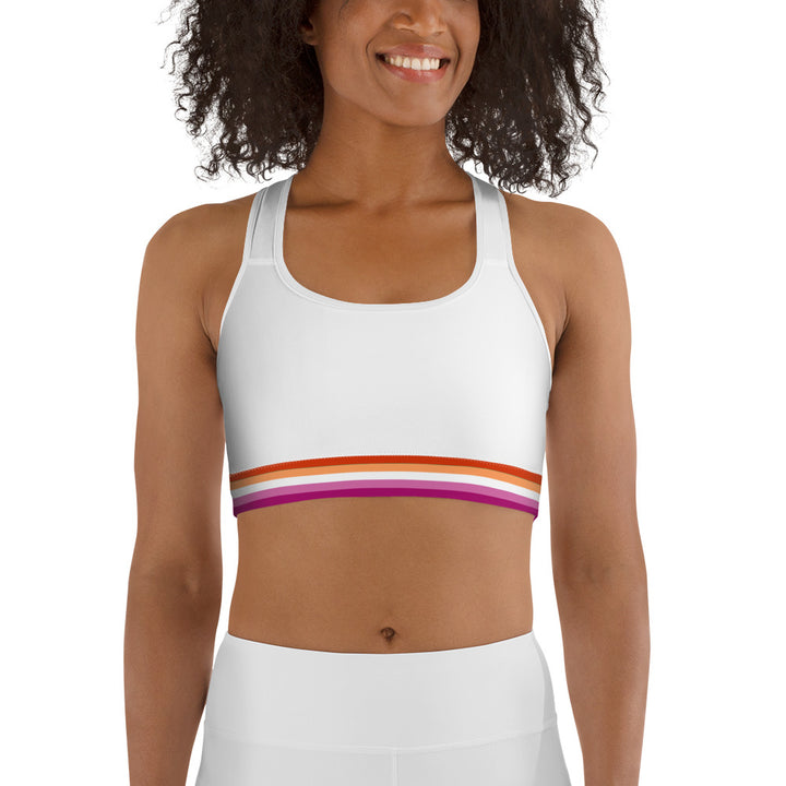 Lesbian Pride Flag Trim Sports Bra (White) Sports Bras The Rainbow Stores