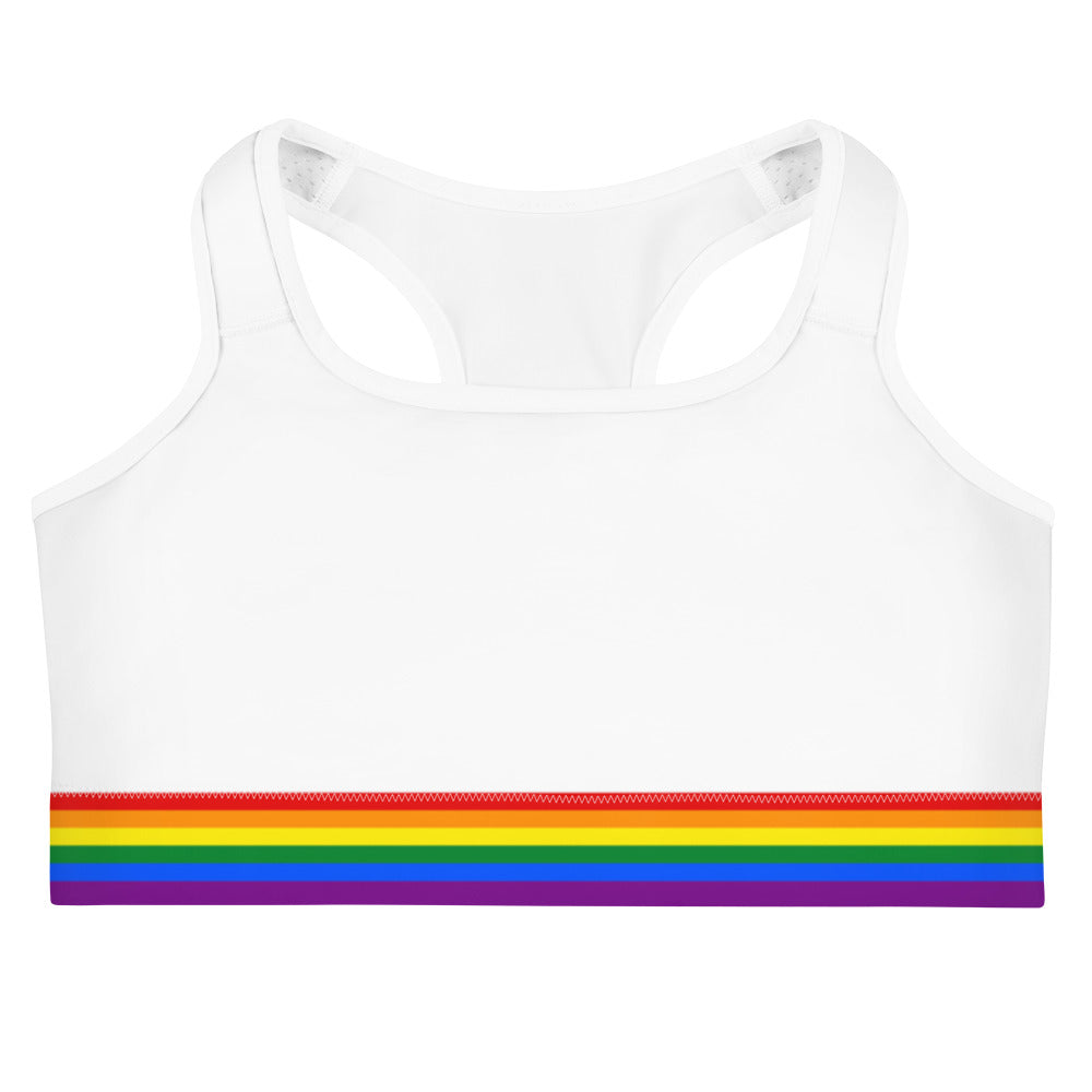 LGBTQ+ Rainbow Flag Trim Sports Bra (White) Sports Bras The Rainbow Stores