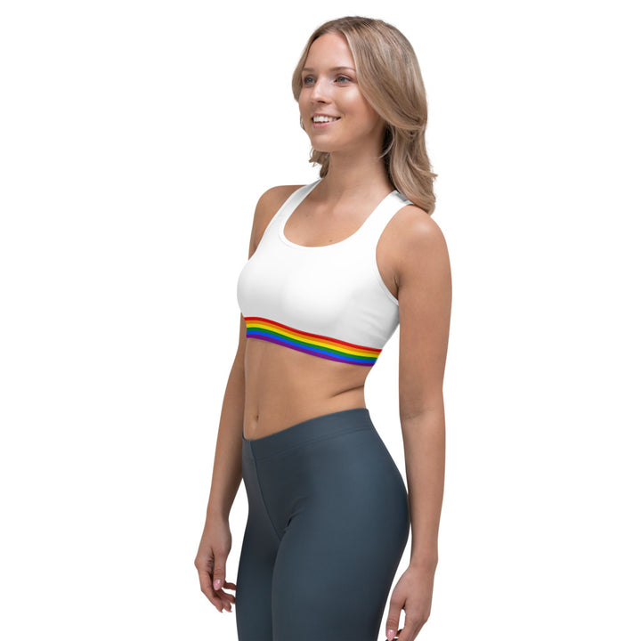 LGBTQ+ Rainbow Flag Trim Sports Bra (White) Sports Bras The Rainbow Stores