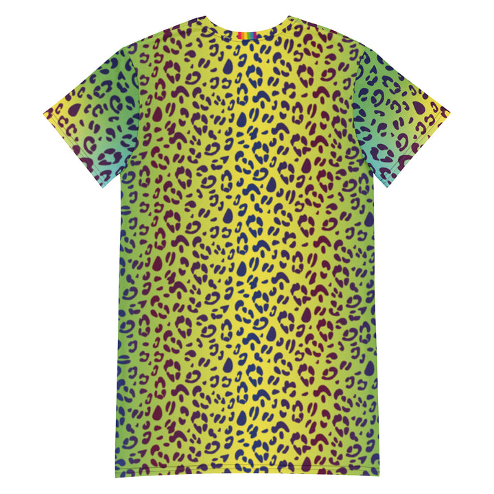 Yellow/Green Leopard Print T-shirt Dress With Rainbow Collar Flag Dresses The Rainbow Stores