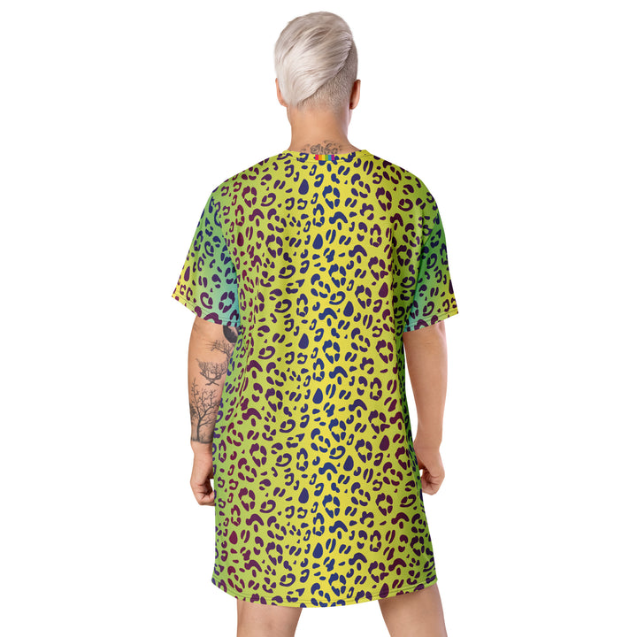 Yellow/Green Leopard Print T-shirt Dress With Rainbow Collar Flag Dresses The Rainbow Stores
