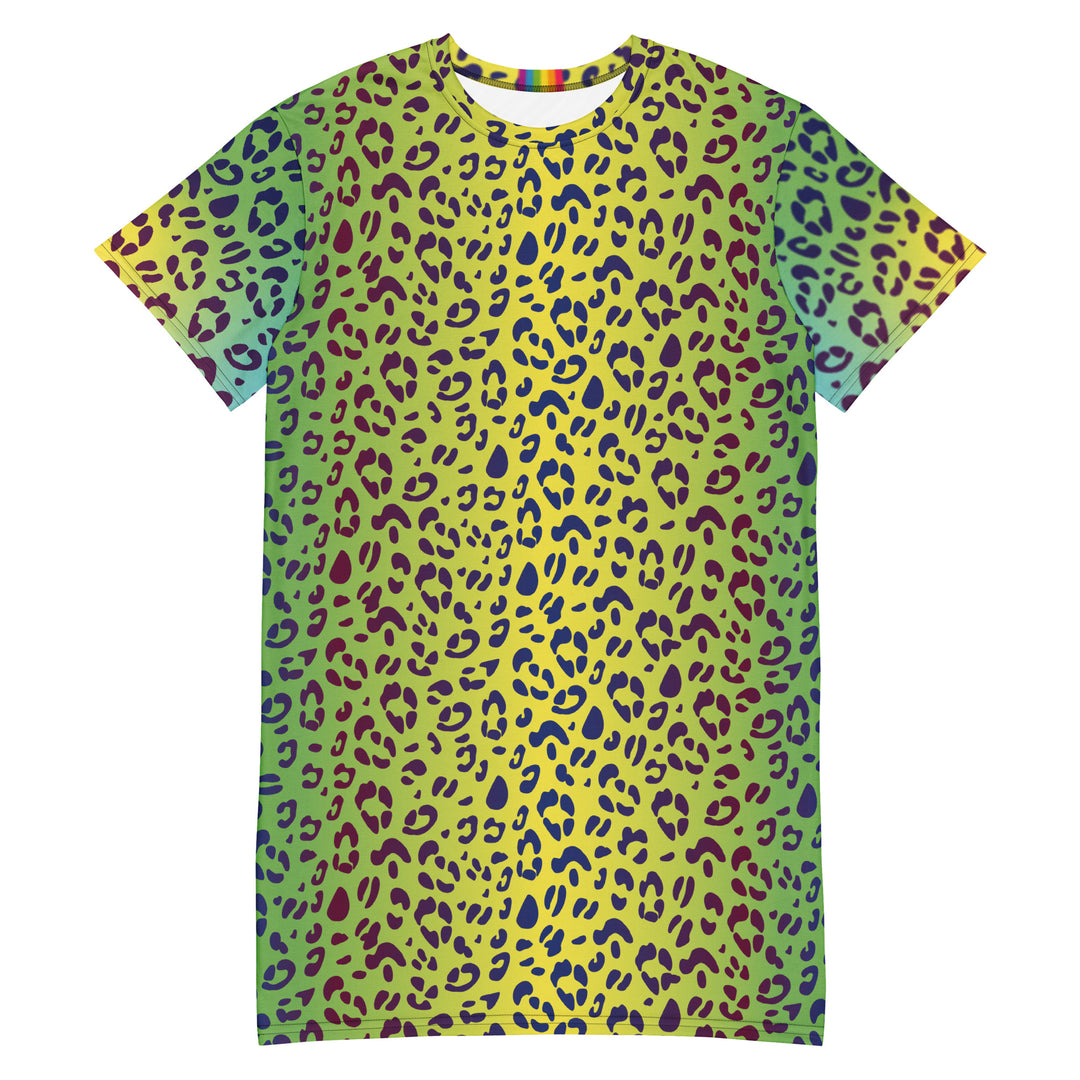 Yellow/Green Leopard Print T-shirt Dress With Rainbow Collar Flag The Rainbow Stores Yellow/Green Leopard Print T-shirt Dress With Rainbow Collar Flag The Rainbow Stores