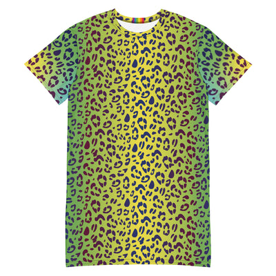 Yellow/Green Leopard Print T-shirt Dress With Rainbow Collar Flag Dresses The Rainbow Stores