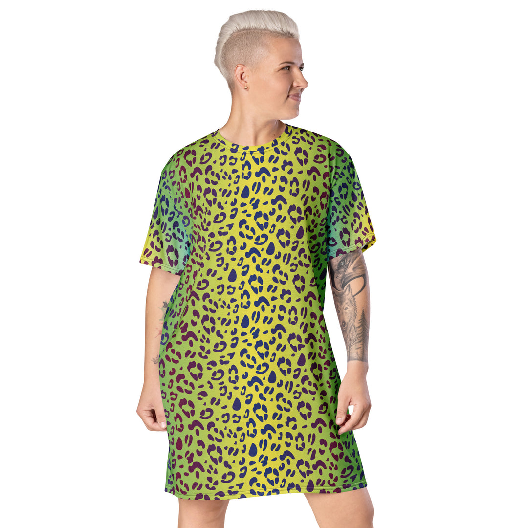Yellow/Green Leopard Print T-shirt Dress With Rainbow Collar Flag The Rainbow Stores Yellow/Green Leopard Print T-shirt Dress With Rainbow Collar Flag The Rainbow Stores