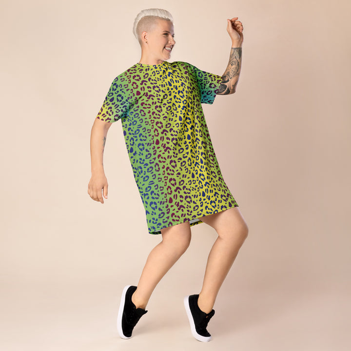 Yellow/Green Leopard Print T-shirt Dress With Rainbow Collar Flag Dresses The Rainbow Stores