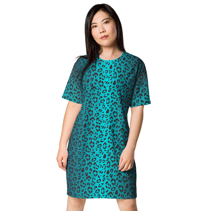 Aqua Leopard Print T-shirt Dress Dresses The Rainbow Stores