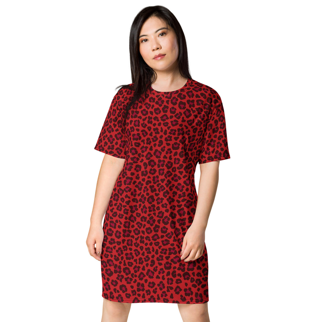 Red Leopard Print T-shirt Dress With Rainbow Collar Flag Red Leopard Print T-shirt Dress With Rainbow Collar Flag