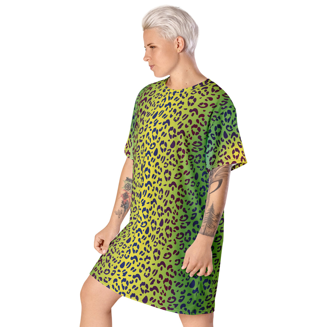 Yellow/Green Leopard Print T-shirt Dress With Rainbow Collar Flag The Rainbow Stores Yellow/Green Leopard Print T-shirt Dress With Rainbow Collar Flag The Rainbow Stores