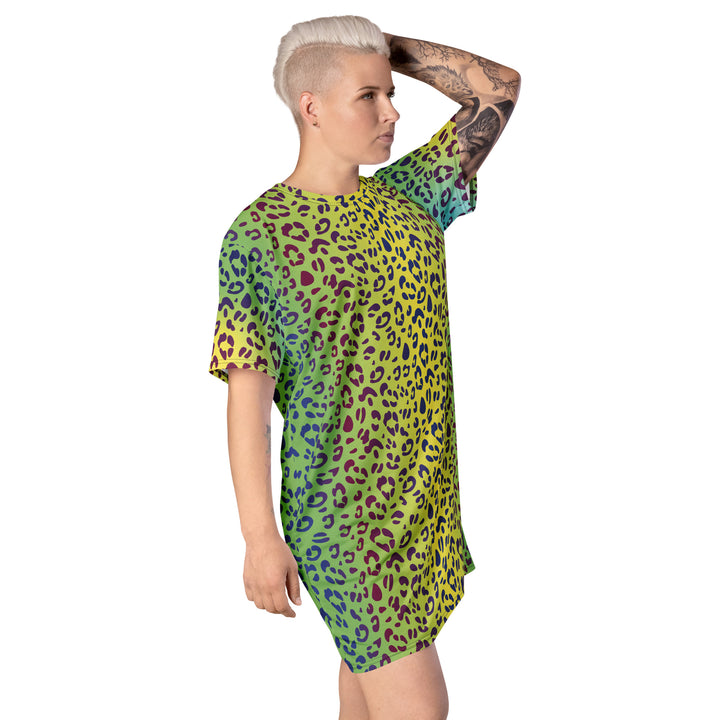 Yellow/Green Leopard Print T-shirt Dress With Rainbow Collar Flag Dresses The Rainbow Stores