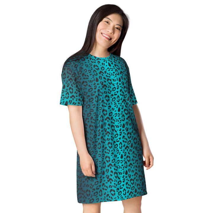 Aqua Leopard Print T-shirt Dress Dresses The Rainbow Stores